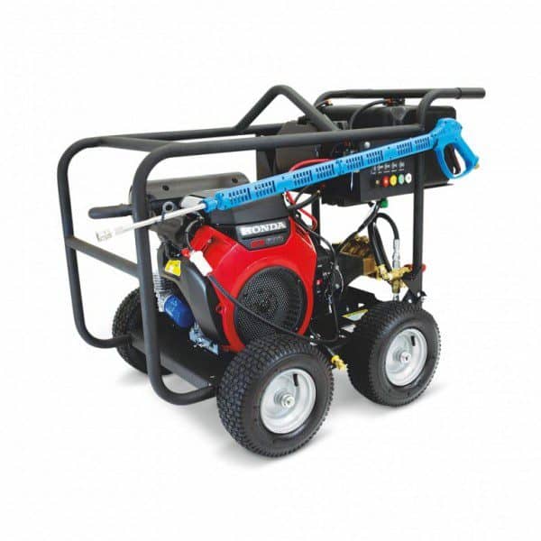 Portable power cleaning machine with Honda engine and cage frame.