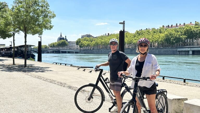 Our E-Bike Cruise Shore Excursion in Lyon France. We loved riding alongside the river in this picture.