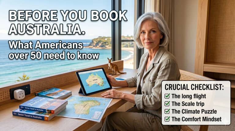 Older woman at a desk learning what Americans need to know before booking a trip to Australia with a map, tablet, and travel books overlooking the ocean.