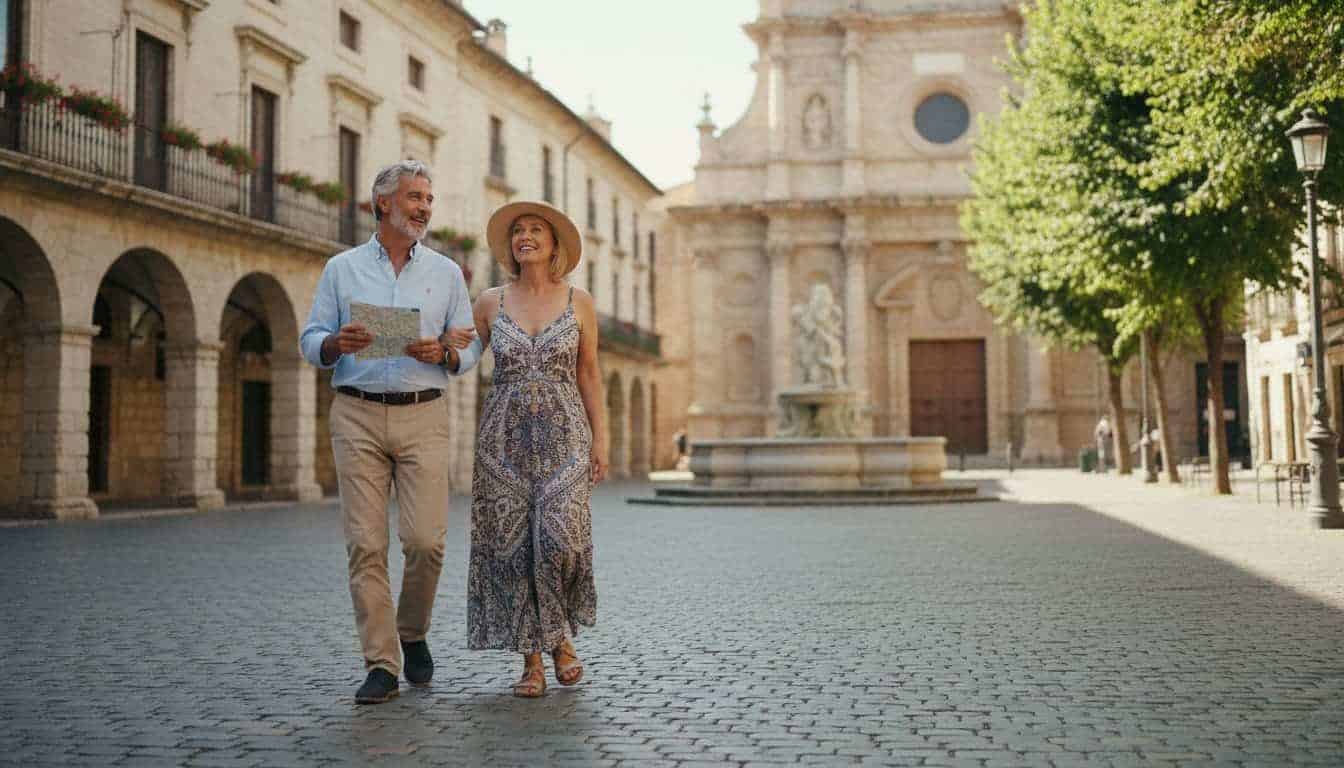 A mature couple walks happily through a sunlit European cobblestone square with a map. The Best Escorted Tour will be different for different types of travellers.