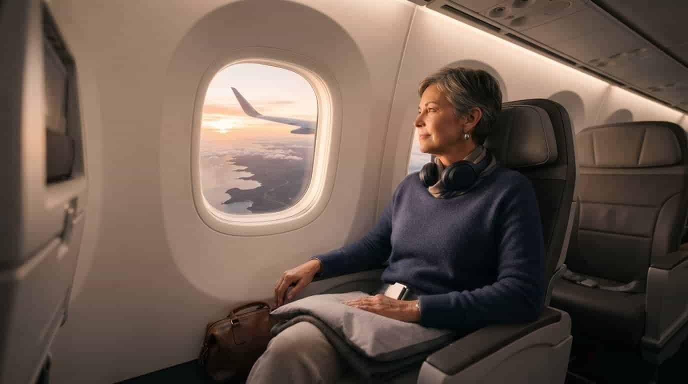 A mature traveller watches the sunrise over Australia's coastline from an airplane window seat.