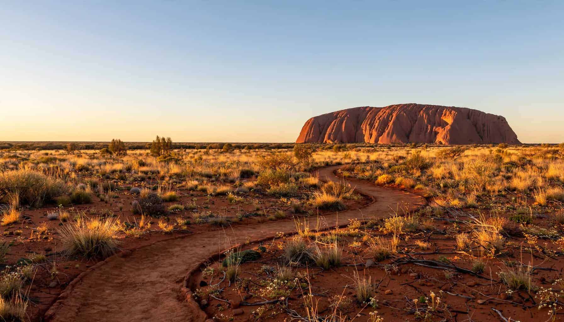 Uluru beyond a red desert track at sunrise.