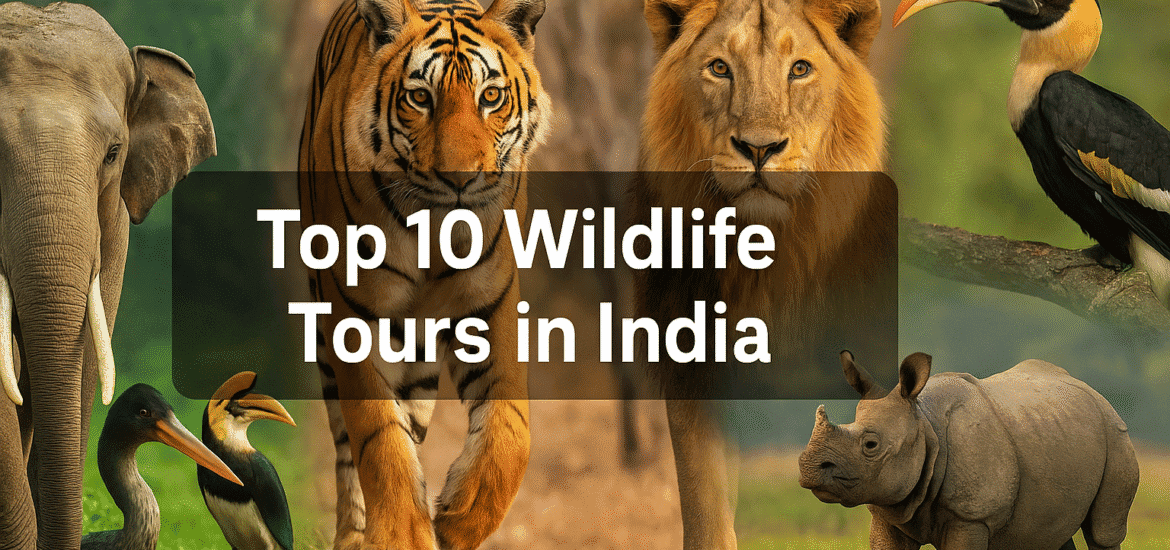 Collage of Indian wildlife including tiger, lion, rhino, elephant, and hornbill with “Top 10 Wildlife Tours in India” text overlay at the center