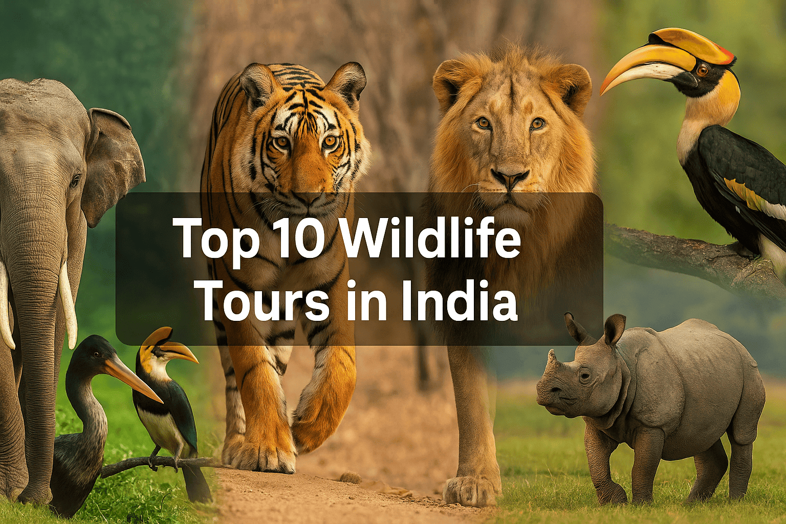 Collage of Indian wildlife including tiger, lion, rhino, elephant, and hornbill with “Top 10 Wildlife Tours in India” text overlay at the center