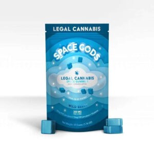 Space Gods Gummies legal cannabis product with blue packaging and cubes.