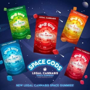 Colorful space-themed cannabis gummies packaging for Space Gods Gummies.