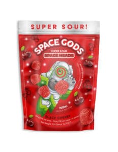 Space Gods Space Heads Gummies in black cherry flavor, 900mg, with astronaut and cherry imagery.