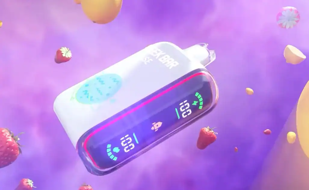 Vaporcafeonline vape device with digital display and colorful background.