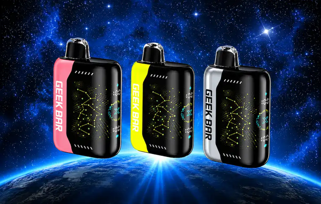 Three Geek Bar vape devices floating above Earth in space with starry background.