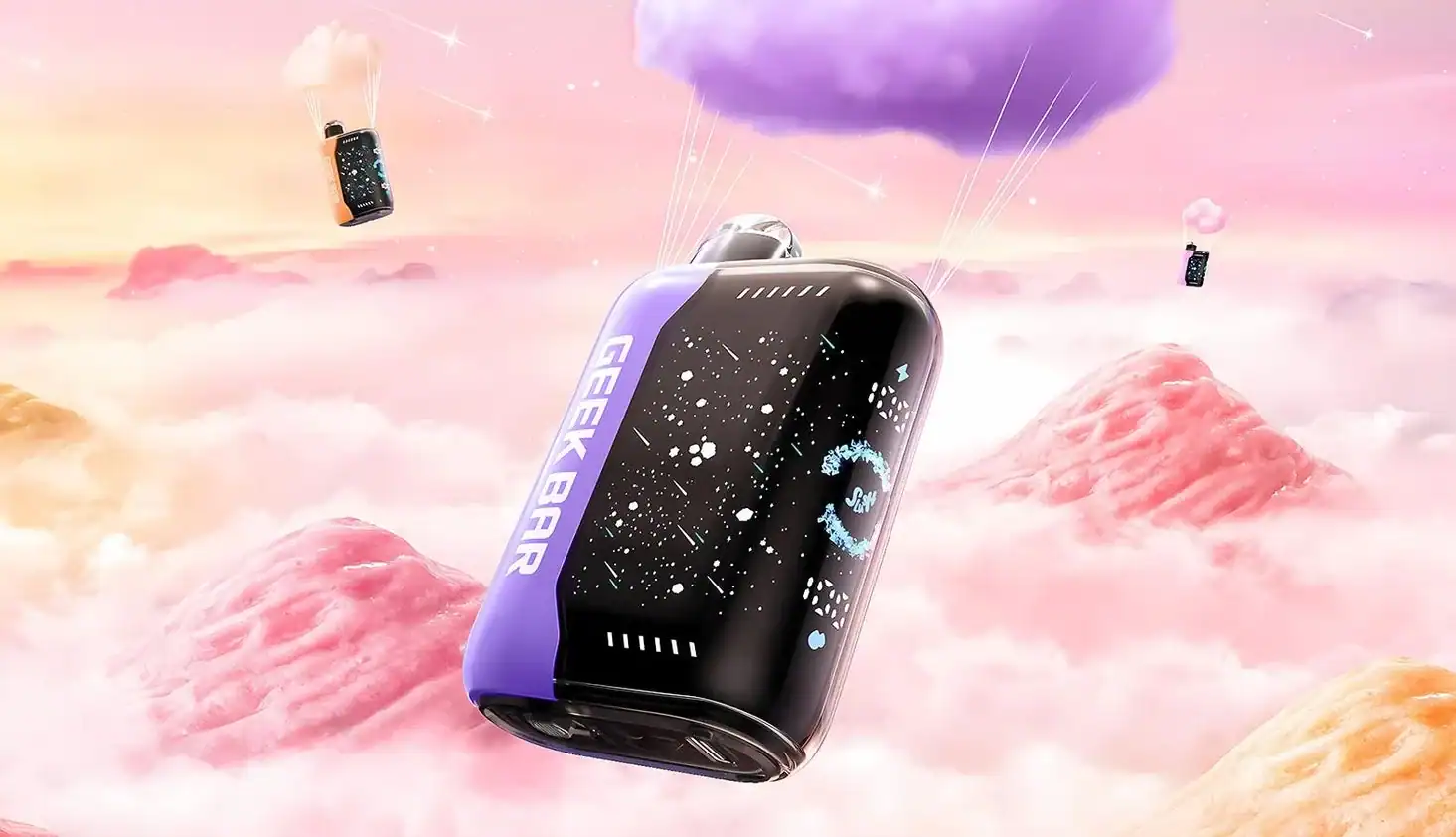 Futuristic vape device floating among clouds with colorful sky background.