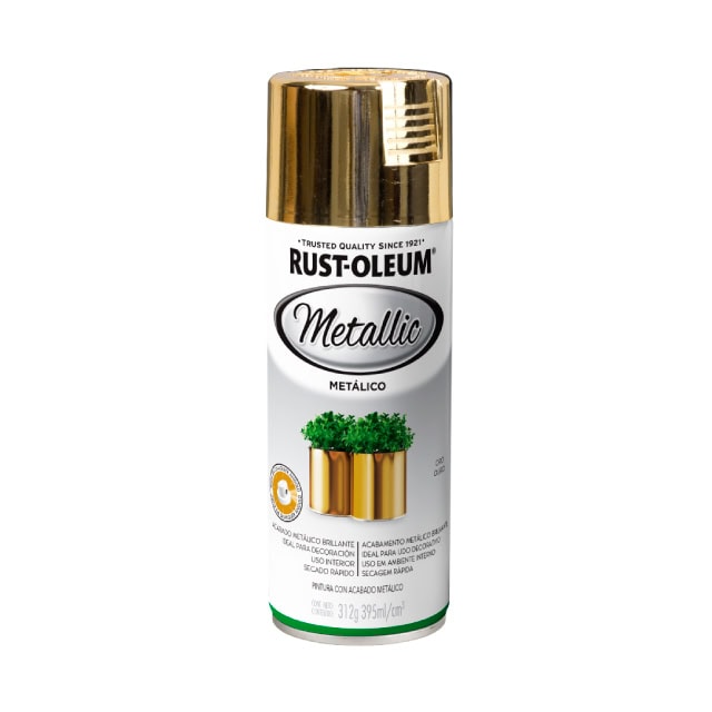 Rust-Oleum Metallic spray paint para decoraciones y acabados metálicos en proyectos de bricolaje y artesanía, en color metálico dorado, con acabado brillante que realza la belleza de tus superficies.