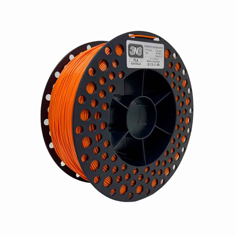 Filamento plástico para impresión 3D de color naranja, compatible con impresoras 3D domésticas y profesionales. Alta calidad y resistencia, ideal para proyectos creativos y prototipado rápido.