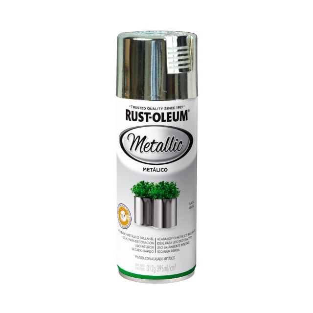 Aerosol de pintura metálica Rust-Oleum Metallic para decoración y acabados de alta calidad en proyectos de interior y exterior.