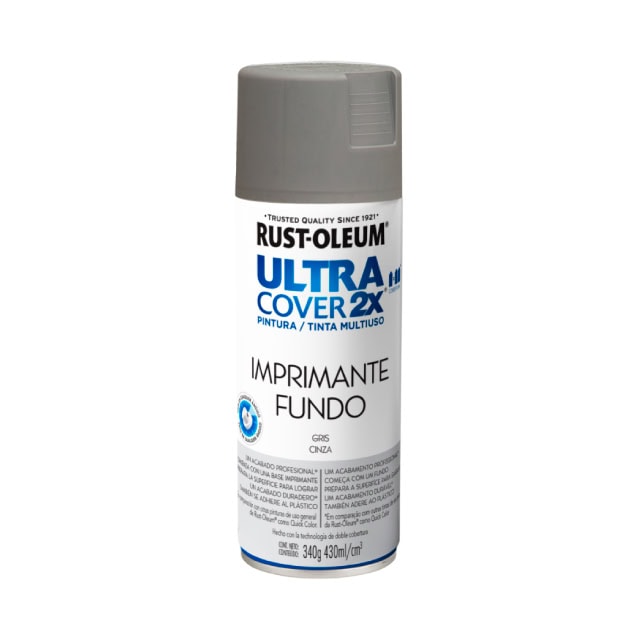 Rust-Oleum Ultra Cover 2X imprimante fondo gris oculta y prepara superficies para pintura, ofreciendo acabado duradero y multicolor, ideal para proyectos de bricolaje y protección de superficies.