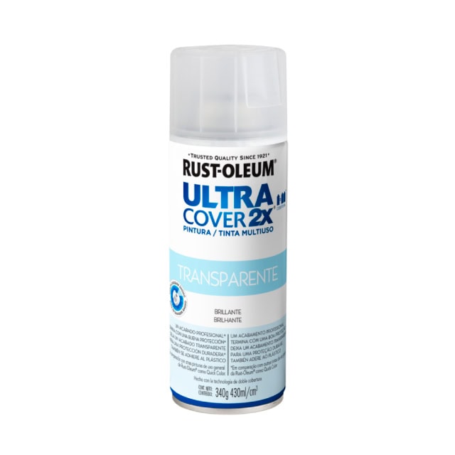 Bote de pintura en spray Rust-Oleum Ultra Cover 2X transparente, ideal para proyectos de bricolaje y protección de superficies, con acabado brillante y duradero.