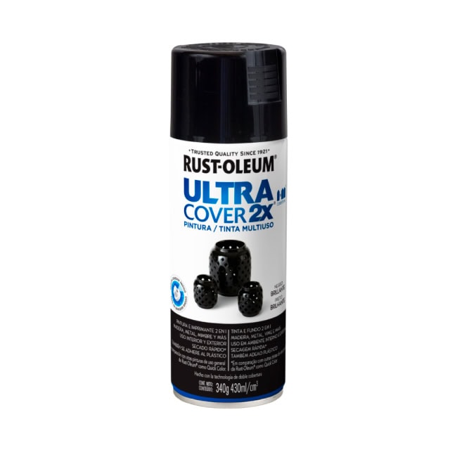 Rusto-Oleum Ultra Cover 2X aerosol pintura multiusos para plástico, metal y madera, acabado duradero y resistente, 340g, ideal para proyectos rápidos y reparación de superficies.