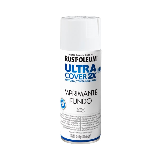 Lata de spray de imprimante Rust-Oleum Ultra Cover 2X para pintura y tintado multisuso en color blanco. Calidad profesional para acabados duraderos sobre plástico y superficies variadas.
