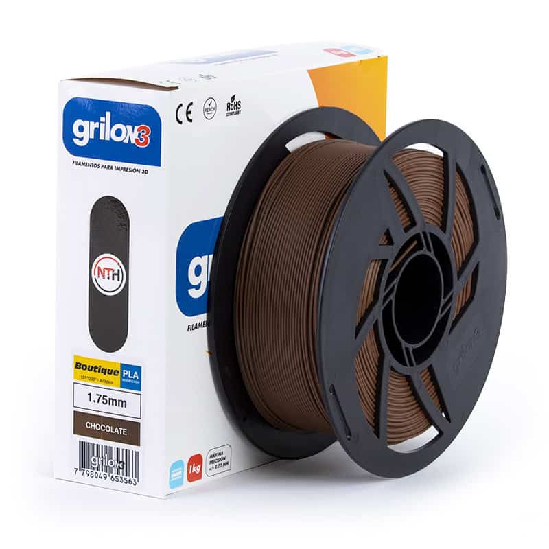 Grilox3 filamentos para impresión 3D, plástico PLA de 1.75mm color chocolate, para impresoras 3D, calidad y resistencia, ideal para proyectos de modelado y prototipado.