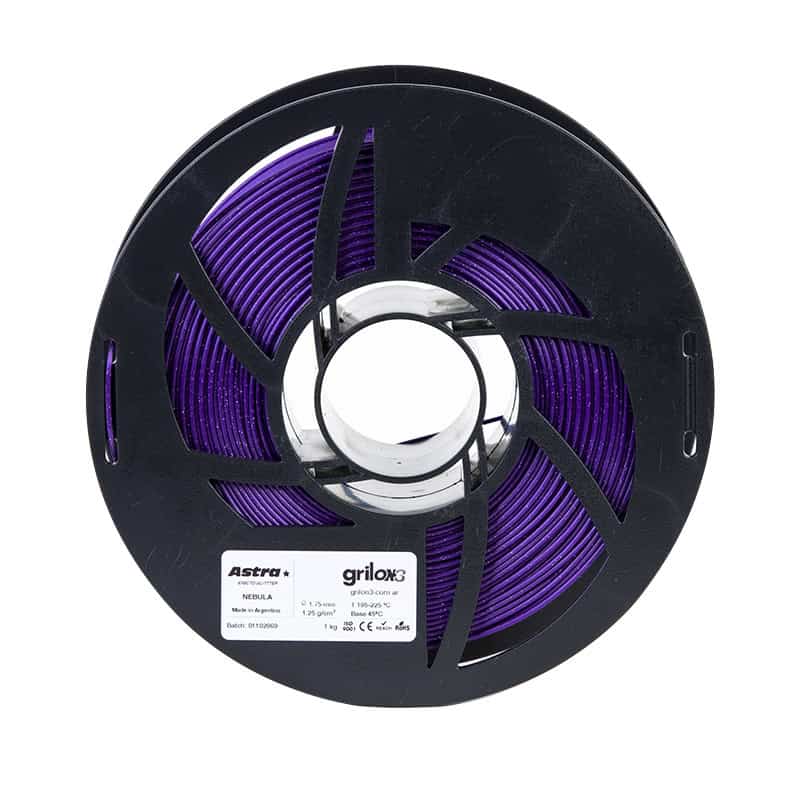 Tira de filamento 3D de color morado en carrete para impresoras 3D, ideal para proyectos de fabricación digital y prototipado rápido.