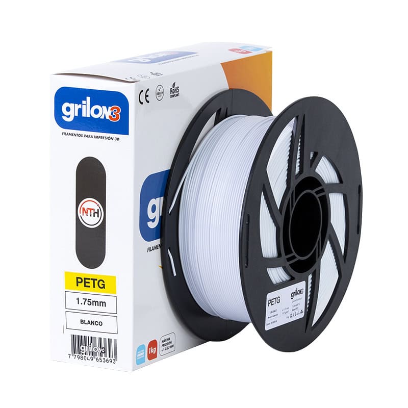 Filamento de impresión 3D PETG blanco de alta calidad para impresoras 3D, compatible con filamentos Grilón, ideal para proyectos de prototipado y fabricación additiva.