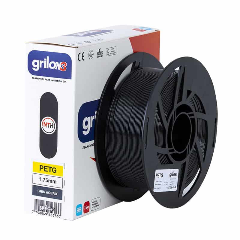 Filamento PETG para impresión 3D, color gris acero, 1.75mm, 1kg, compatible con impresoras 3D, calidad profesional.