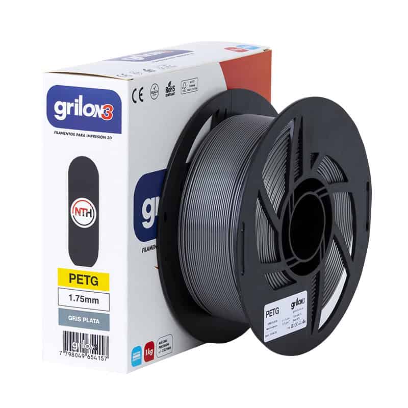 Grilox 3 filamento para impresión 3D, PETG plata, 1.75mm, embalaje de 1kg, alta calidad para proyectos de fabricación aditiva, compatible con impresoras 3D de uso doméstico y profesional.