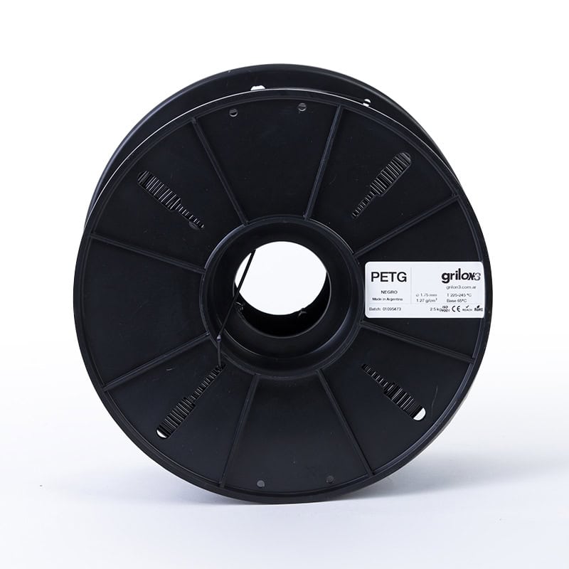 Reel de filamento de plástico PETG negro para impresión 3D, compatible con impresoras 3D, ideal para crear objetos resistentes y duraderos con alta calidad de impresión.