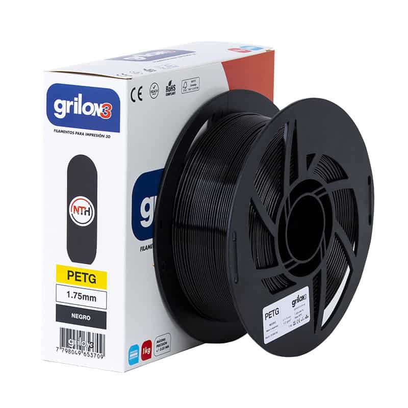 Grilon3 filamento para impresión 3D en PETG, negro, alta calidad, 1.75mm, compatible con impresoras 3D, resistente y duradero, para modelos detallados y prototipos de alta precisión.