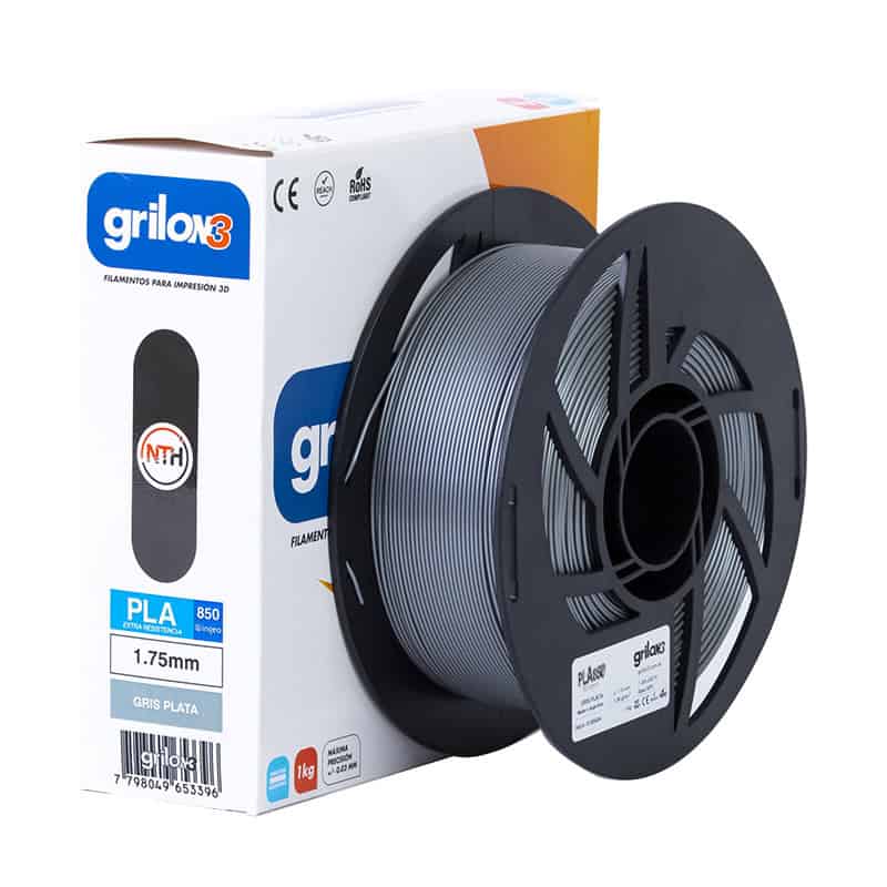 Filamento de impresión 3D PLA gris plata 1.75mm 850g, compatible con impresoras 3D, alta calidad, excelente adherencia, impresión precisa, ideal para modelos 3D y prototipos.