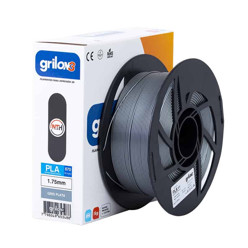 Filamento 3D PLA gris plata para impresión 3D de alta calidad, compatible con impresoras 3D FDM, diámetro 1.75mm, peso 1kg, ideal para crear modelos y prototipos precisos.