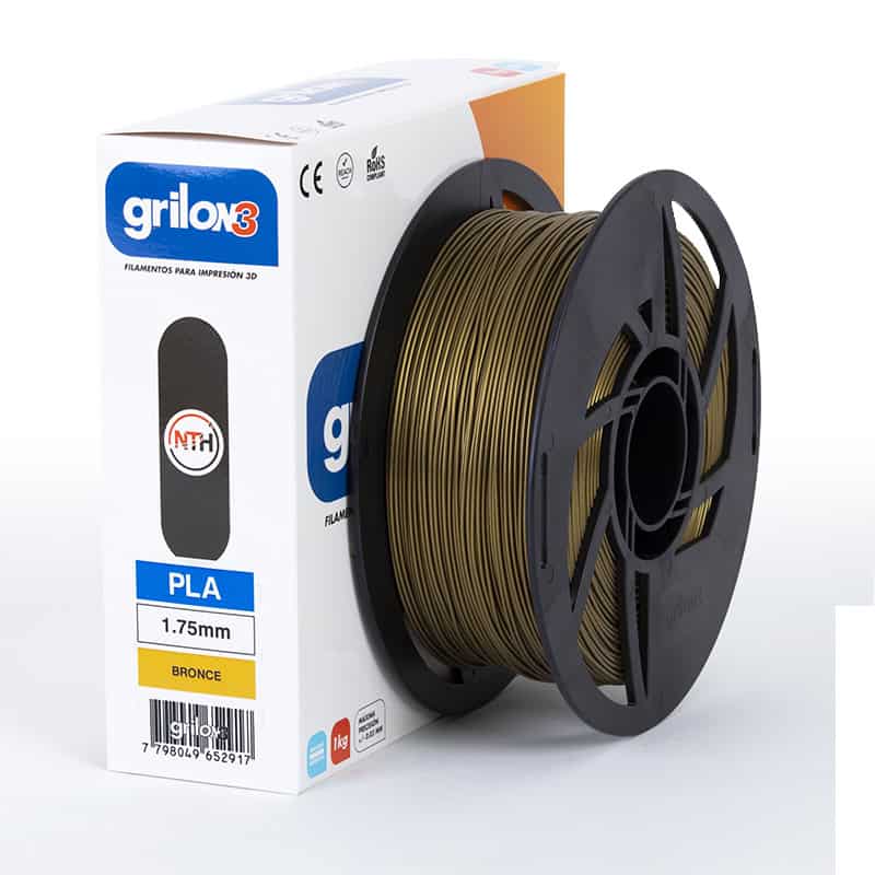 Grilon 3D filamento PLA para impresión 3D en color bronce, ideal para proyectos creativos y de alta precisión, compatible con impresoras 3D FDM.