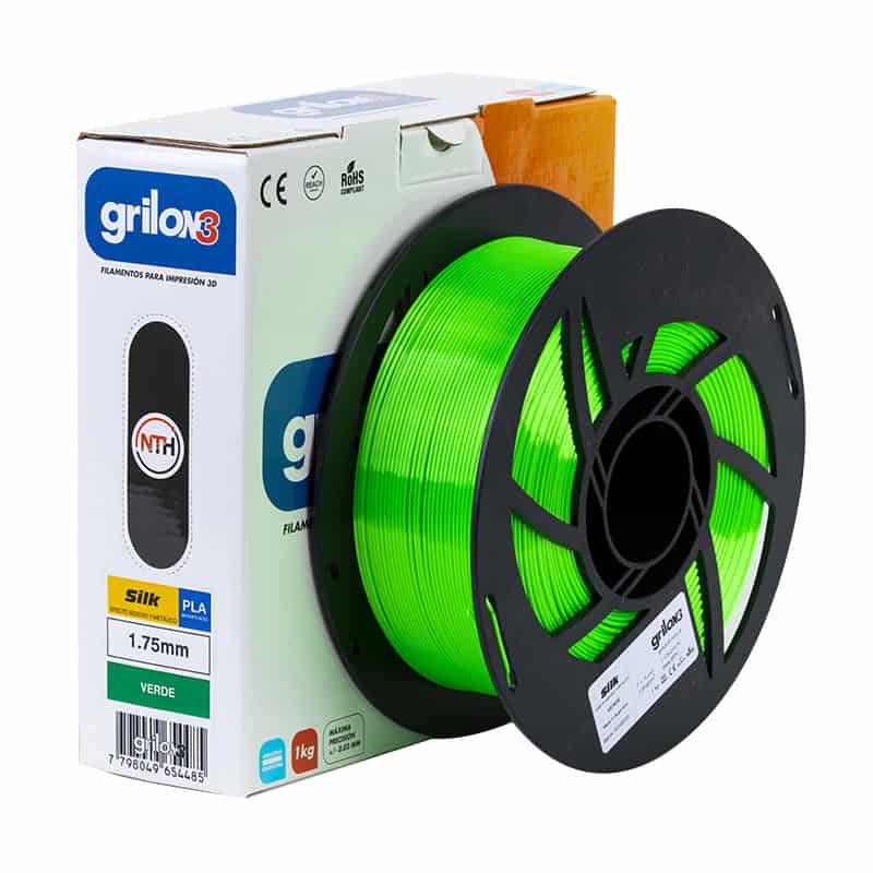 Grilon3 filamento para impresión 3D, color verde, caja con spool de 1.75mm PLA de alta calidad, compatible con impresoras 3D, resistente y duradero, ideal para modelos y prototipos, plástico para impresión 3D.