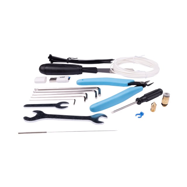 Kit de herramientas y accesorios para plásticos 3D, incluyendo herramientas de soldadura, llaves y pinzas, ideal para trabajos de reparación y creación en plástico.