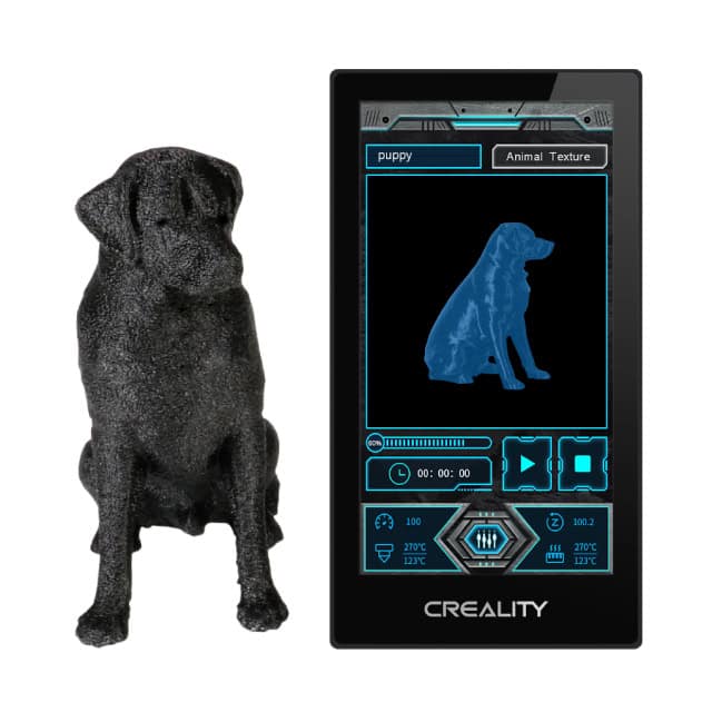 Archivo de una figura de perro en 3D impresora, enfocada en la creación de modelos plásticos con tecnología avanzada.