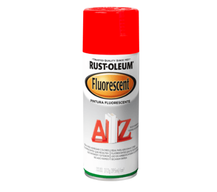 Spray de pintura fluorescente Rust-Oleum AIZ en aerosol, ideal para señalización y proyectos creativos, con alta visibilidad y durabilidad en aplicaciones industriales y domésticas.