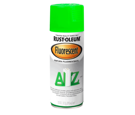 Ropa de autoadhesivo fluorescente Rust-Oleum para señalización y proyectos creativos, en aerosol de color verde con tapa verde.