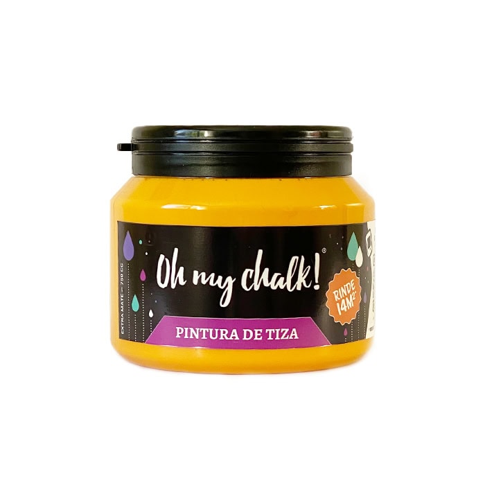 Pintura de tiza en un recipiente amarillo con tapa negra, ideal para manualidades y decoraciones creativas. Calidad de 14M, perfecta para proyectos de arte en casa o en escuela.