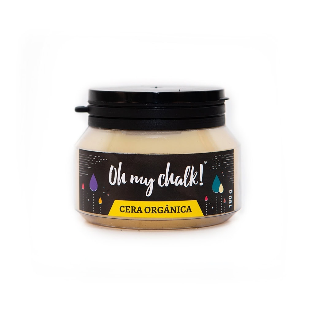 Cera orgánica ecológica para manualidades y arte, en frasco negro con etiqueta gráfica de gotas de pintura, fácil de aplicar y perfecta para proyectos creativos.