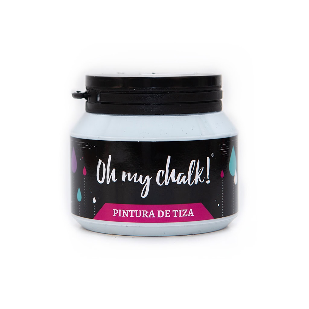 Tarrina de pintura de tiza Oh my chalk! en color blanco, con tapa negra, perfecta para proyectos de decoración y manualidades en casa, en un diseño moderno y atractivo, ideal para crear estilos vintage y shabby chic.