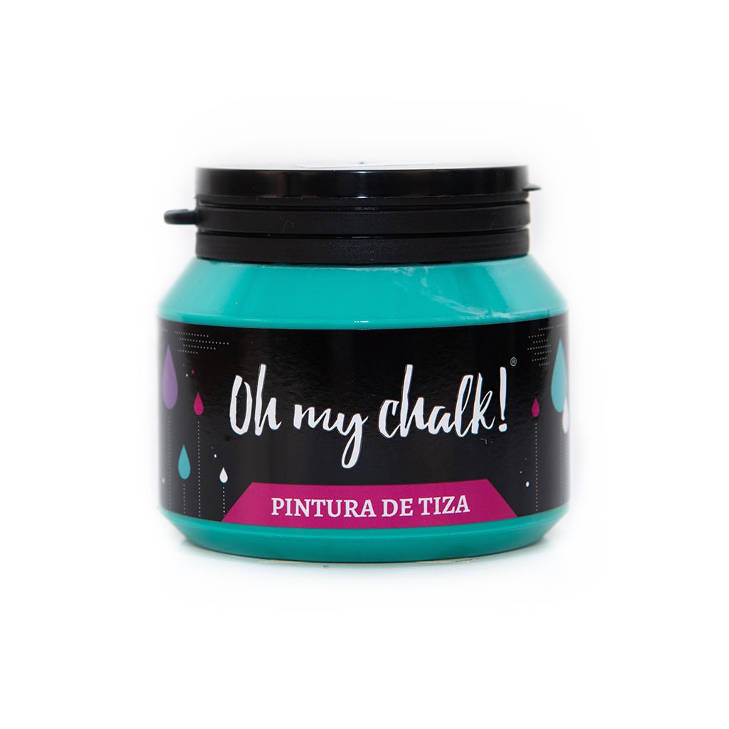 Taza de pintura de tiza en color aqua con etiqueta de "Oh my chalk!", ideal para proyectos decorativos de hogar y manualidades creativas.