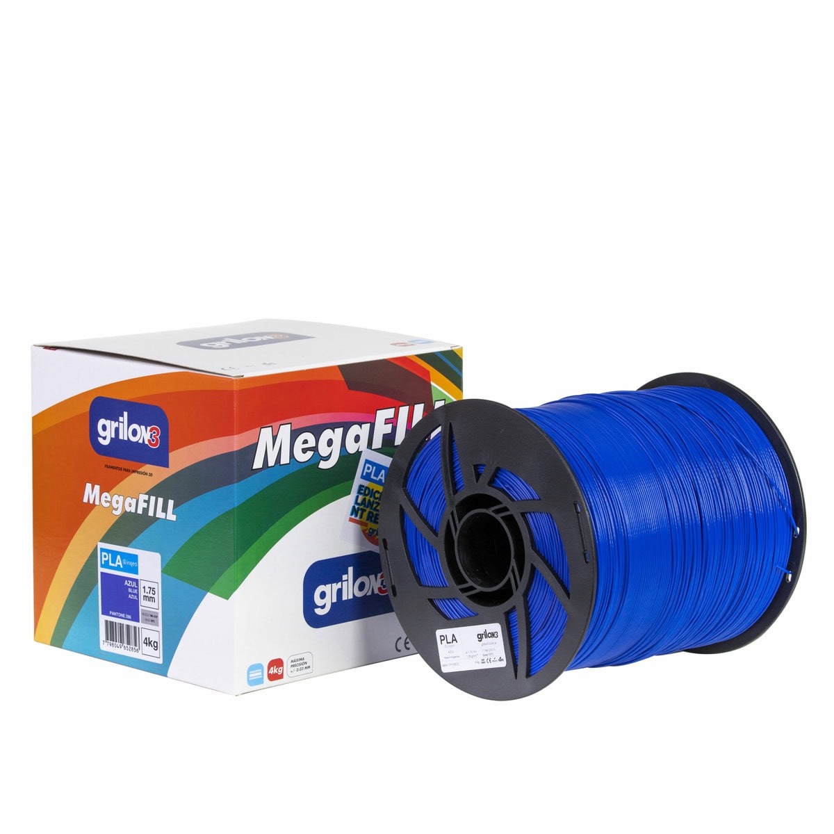 Filament de impresión 3D PLA azul MegaFill, compatible con impresoras 3D, alta calidad y resistencia, ideal para proyectos de prototipado y creación artística.