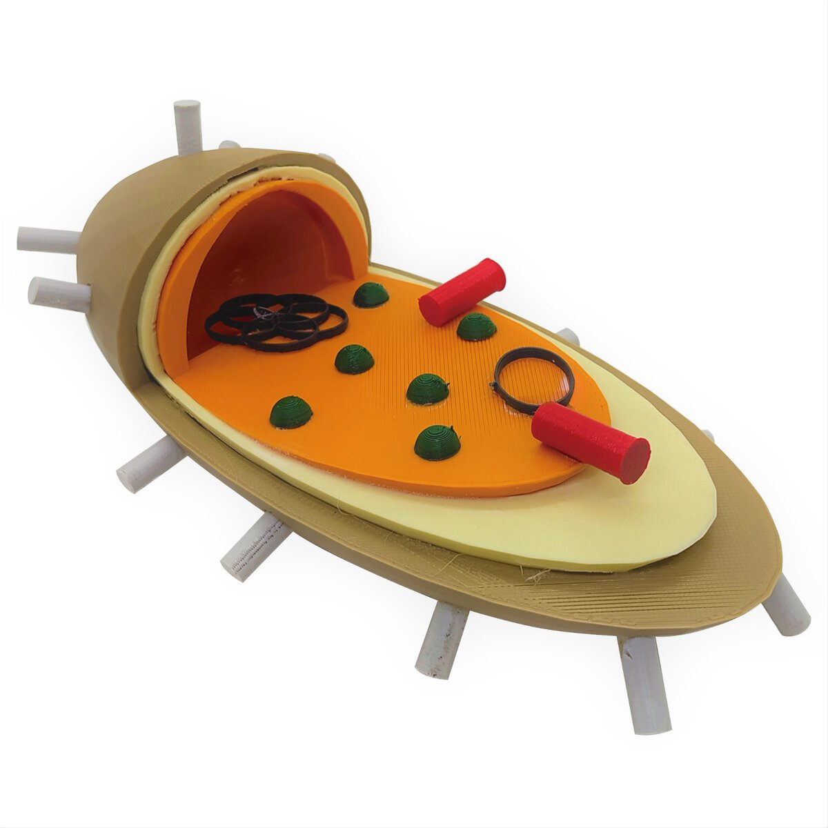 Juguete de mesa en forma de pizza 3D para niños, fabricado en plástico resistente, ideal para estimular la imaginación y el juego creativo en espacios educativos y recreativos.