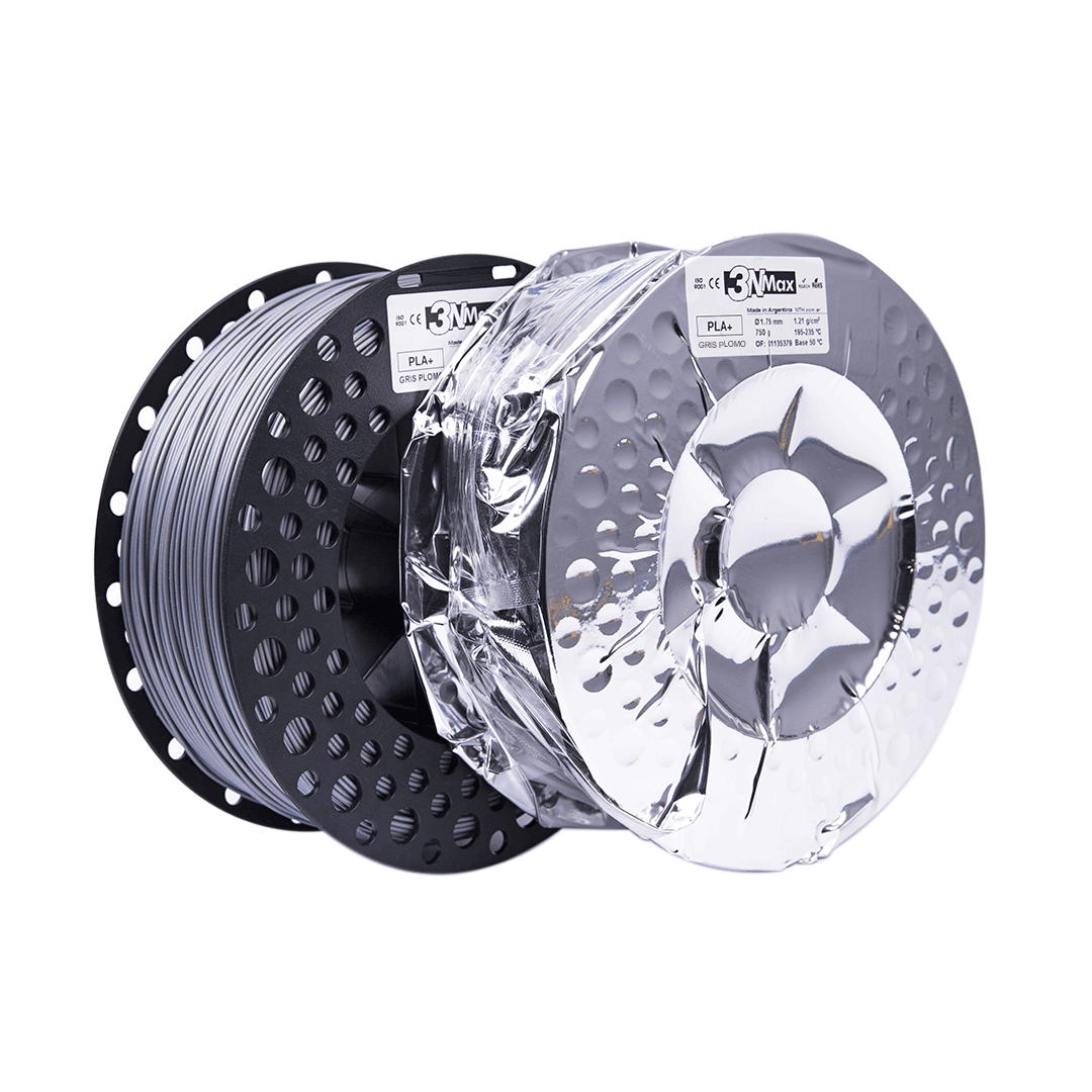 Cortina de filamento para impresión 3D de plástico PLA y ABS, en carrete negro y gris, de alta calidad y resistencia, ideal para proyectos de fabricación y prototipado en 3D.