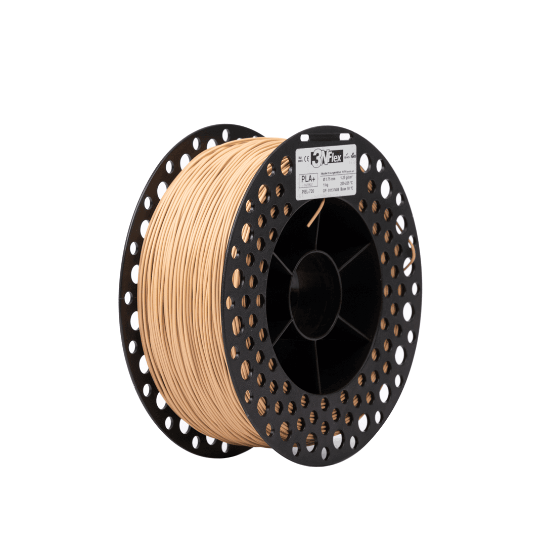 Filament de plástico PLA para impresión 3D, color marrón, en carrete negro de 3D Casa Bureu Plásticos, ideal para proyectos de prototipado y creación de modelos con alta calidad y precisión.