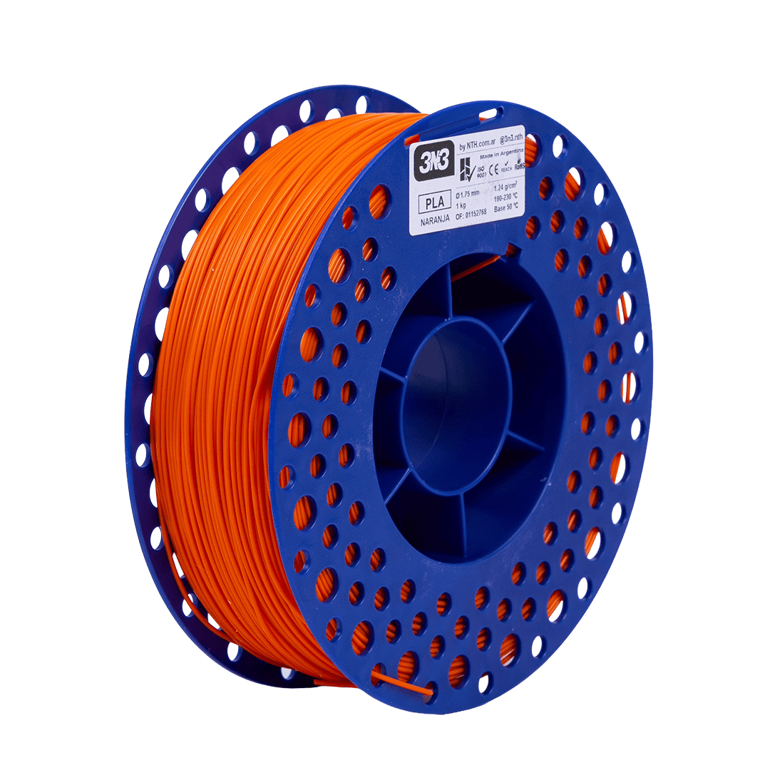 Alta calidad en filamento plástico PLA en color naranja para impresión 3D, compatible con diferentes impresoras y ideal para proyectos creativos y técnicos.