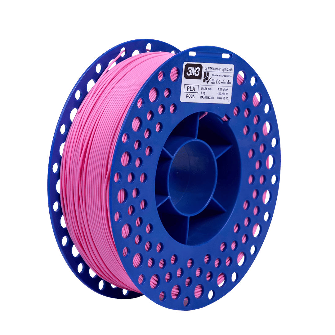 Filamento 3D PLA rosa en carrete azul, ideal para impresión 3D de alta calidad y resistencia, compatible con impresoras 3D y perfecto para proyectos creativos y prototipos.