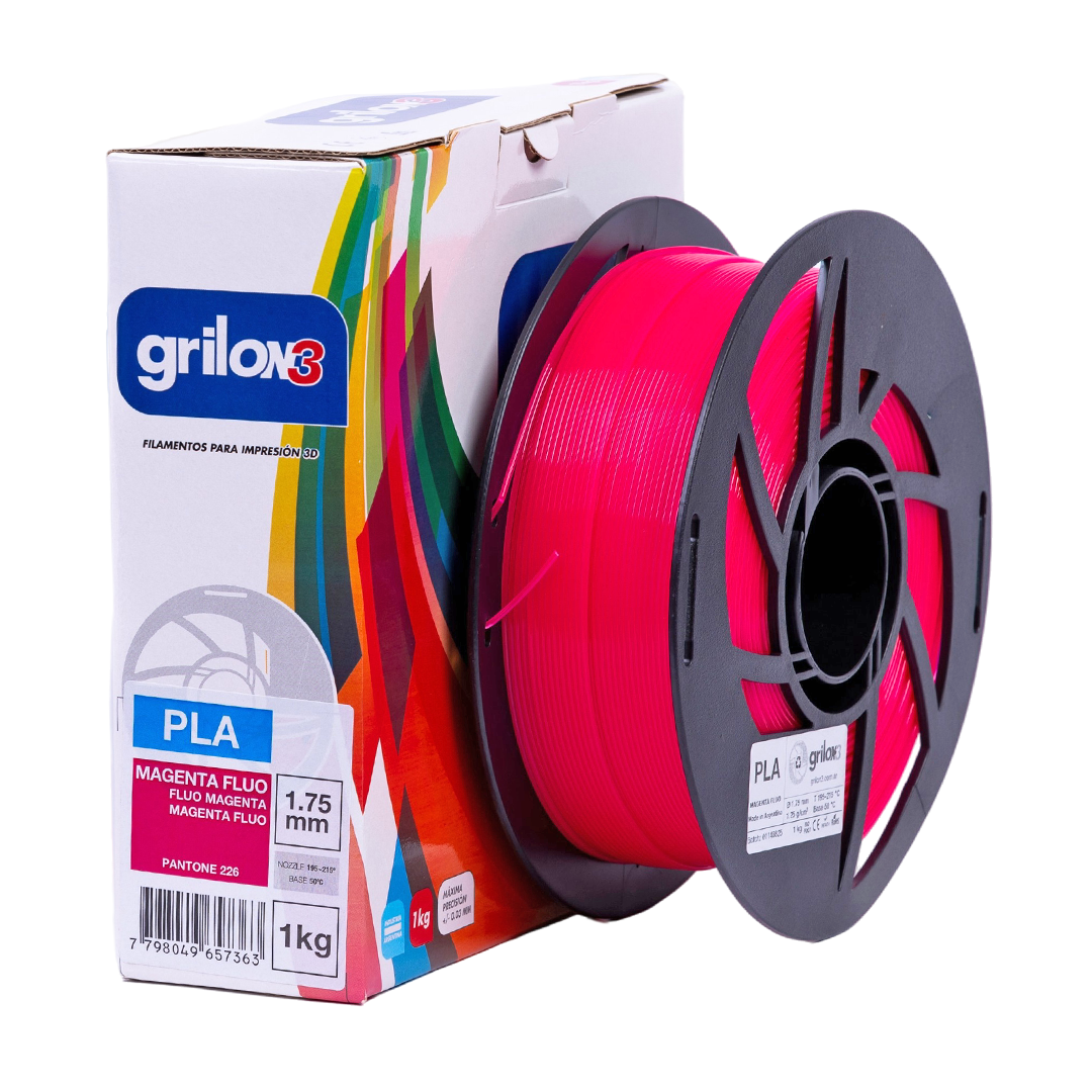 Filamentos para impresión 3D Grilox3 en color magenta fluido, 1.75mm de diámetro, ideal para proyectos Creativos y Profesionales en plástico PLA.