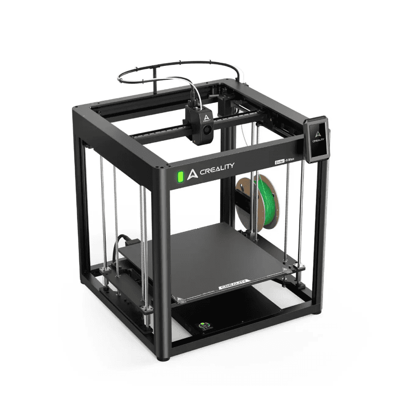 Alt: Impresora 3D Creality con estructura metálica y filamento verde, ideal para prototipos y fabricación digital en hogar y oficina.