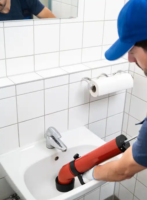 Plumber-Using-Drain-Snake-On-Bathroom-Sink