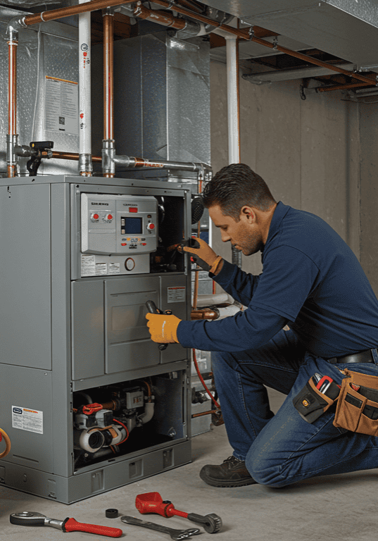 Technician-Servicing-Commercial-Boiler-System-In-Basement